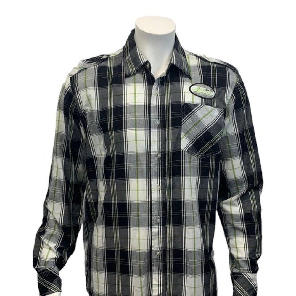 Avirex Black White Green Plaid Button Shirt Med